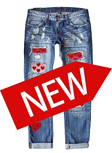 American Flag Pants - Astylish Womens Plaid Patch Ripped Boyfriend Distressed Stretch Skinny Denim Jeans with Hole