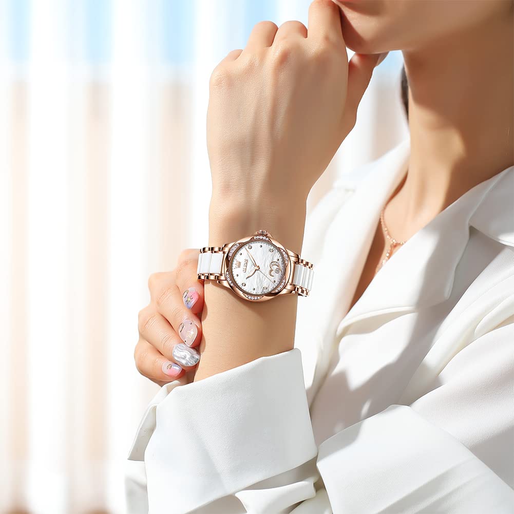 OLEVS Womens Automatic Watch, Premium Large Face Diamond Accented Self Winding Watches for Women, Fashion Waterproof Ladies Dress Watch, Two Tone Stainless Steel Ceramic Bracelet