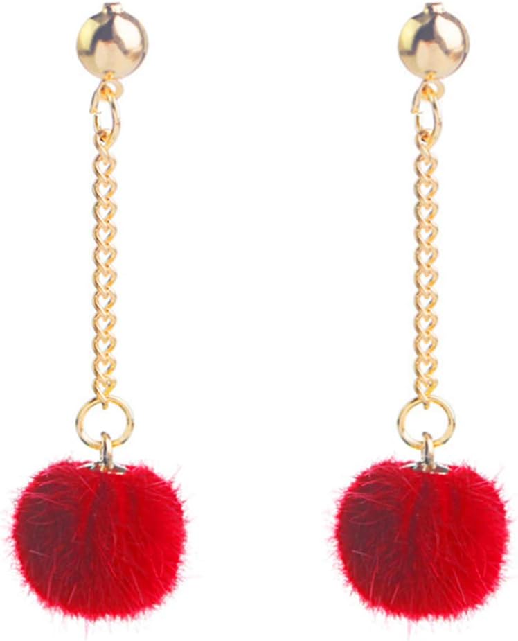 Faux Fur Pom Pom Tassel Drop Dangle Earrings Set
