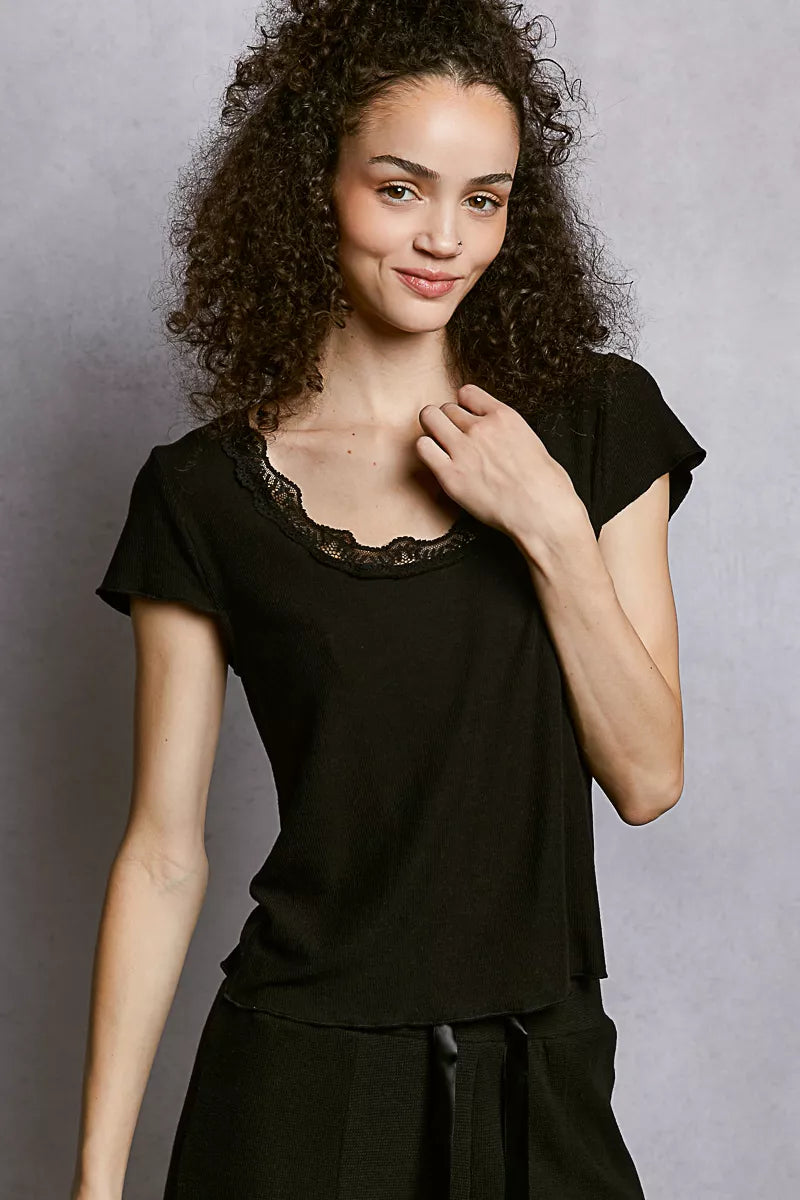 POL Round Neck Short Sleeve Crop T-Shirt with Lace Trim