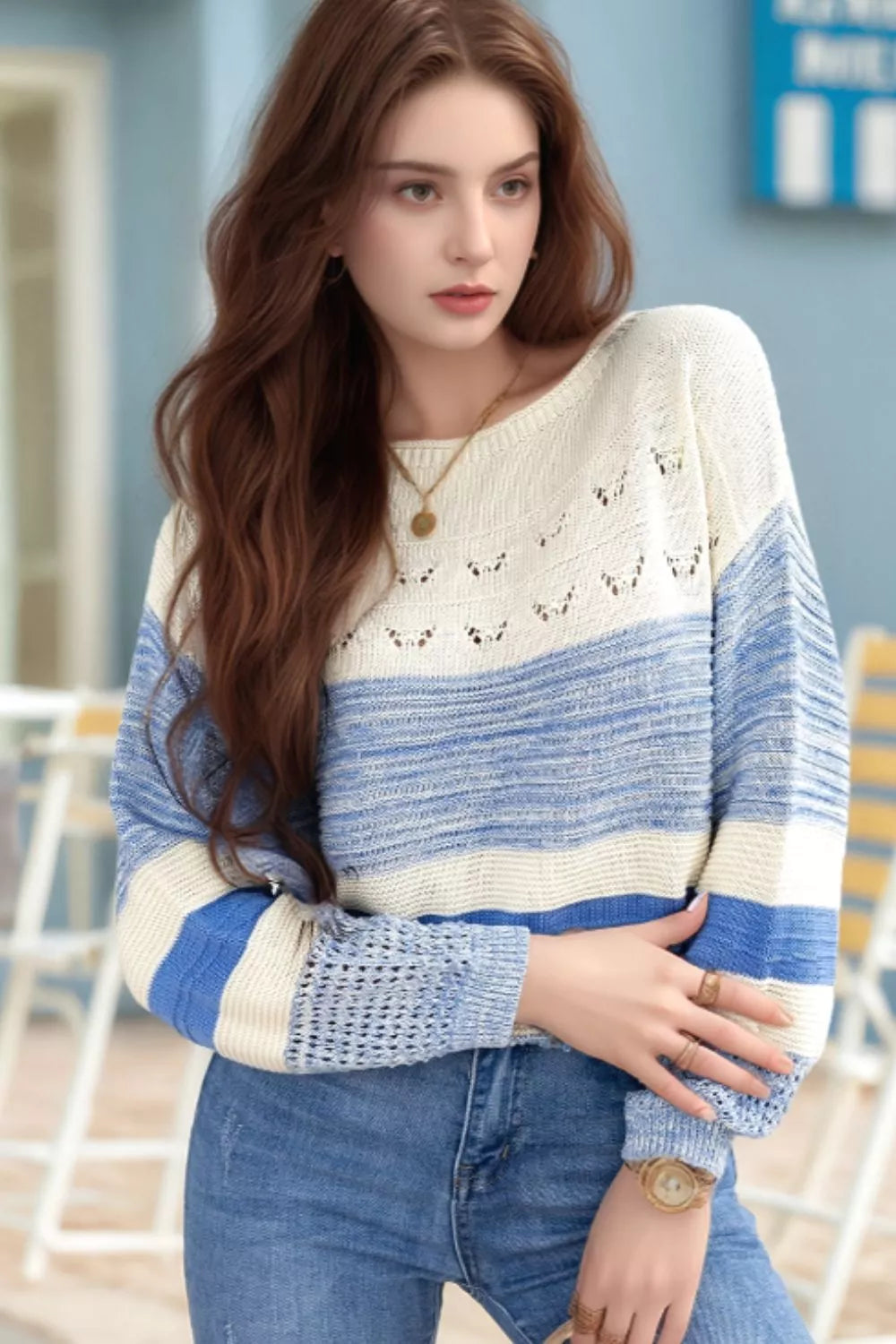 Openwork Striped Knit Long Sleeve Sweater