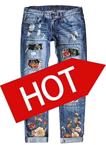 American Flag Pants - Astylish Womens Plaid Patch Ripped Boyfriend Distressed Stretch Skinny Denim Jeans with Hole