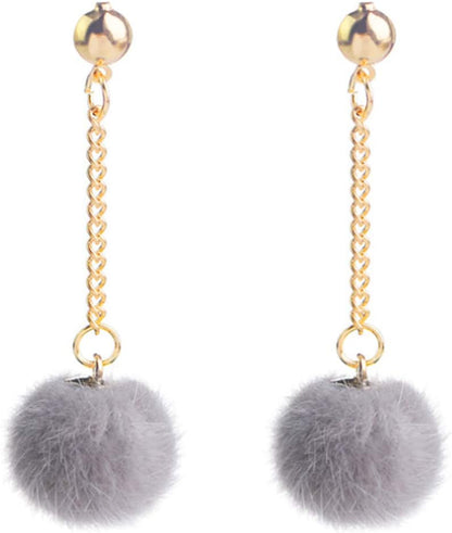 Faux Fur Pom Pom Tassel Drop Dangle Earrings Set