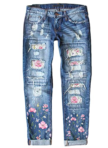 American Flag Pants - Astylish Womens Plaid Patch Ripped Boyfriend Distressed Stretch Skinny Denim Jeans with Hole