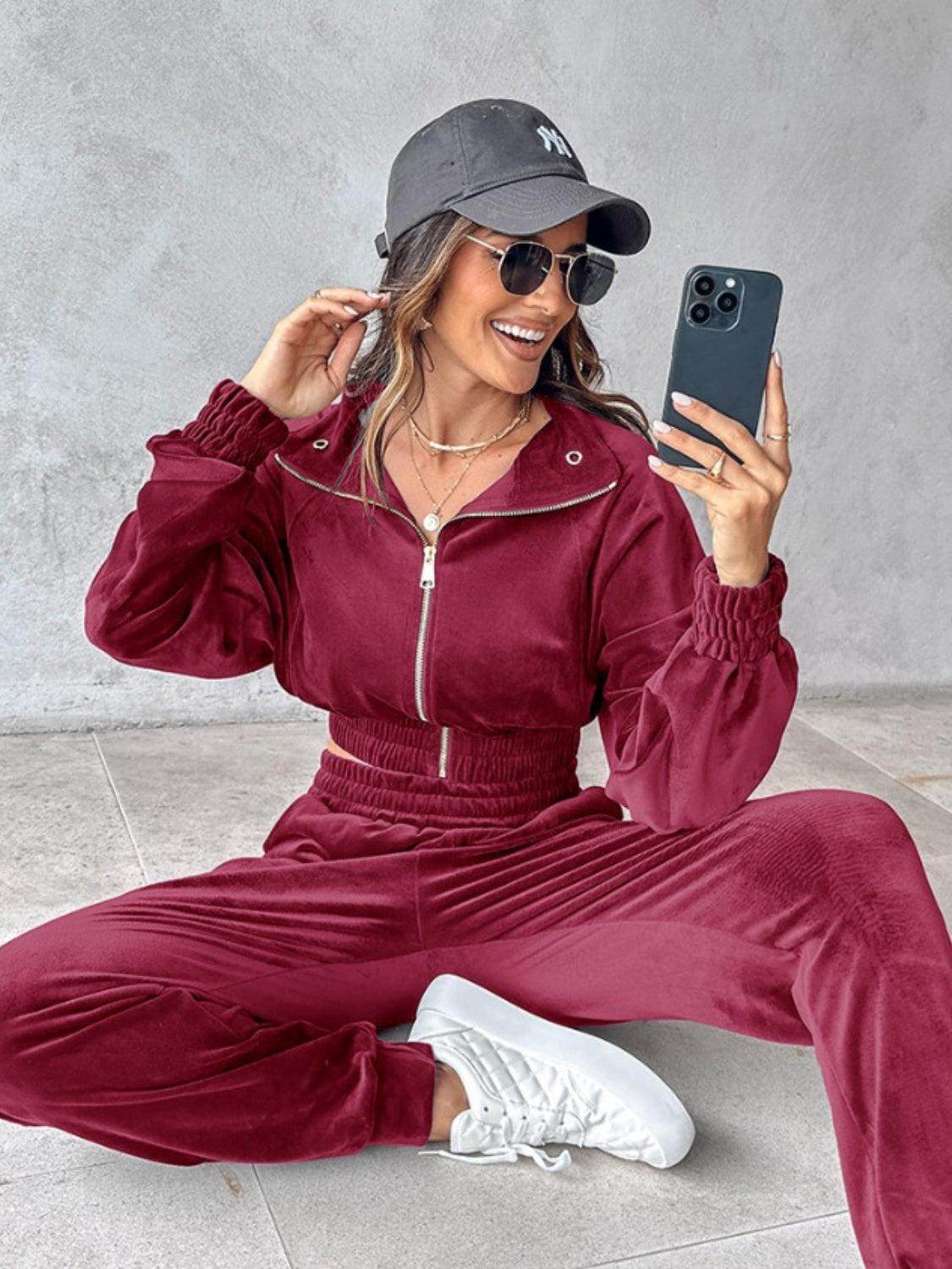 Zip Up Long Sleeve Cropped Top and Joggers Set for Women