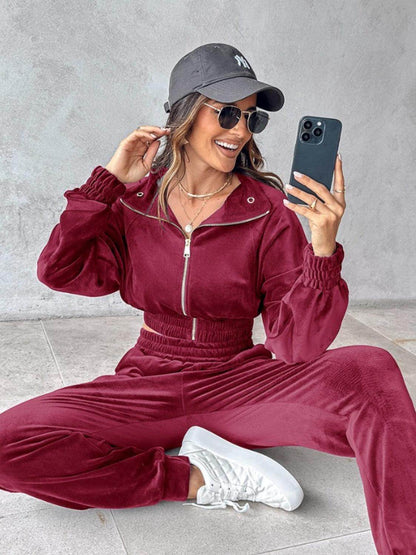 Zip Up Long Sleeve Cropped Top and Joggers Set for Women