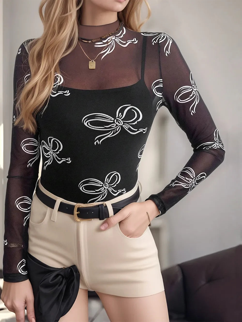 Printed Mock Neck Long Sleeve Mesh T-Shirt