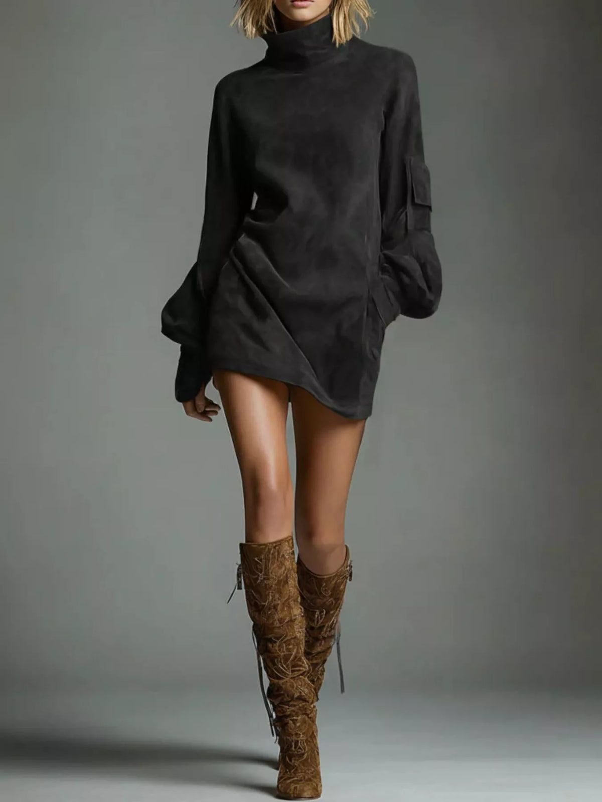 Turtleneck Lantern Sleeve Mini Dress with Pockets