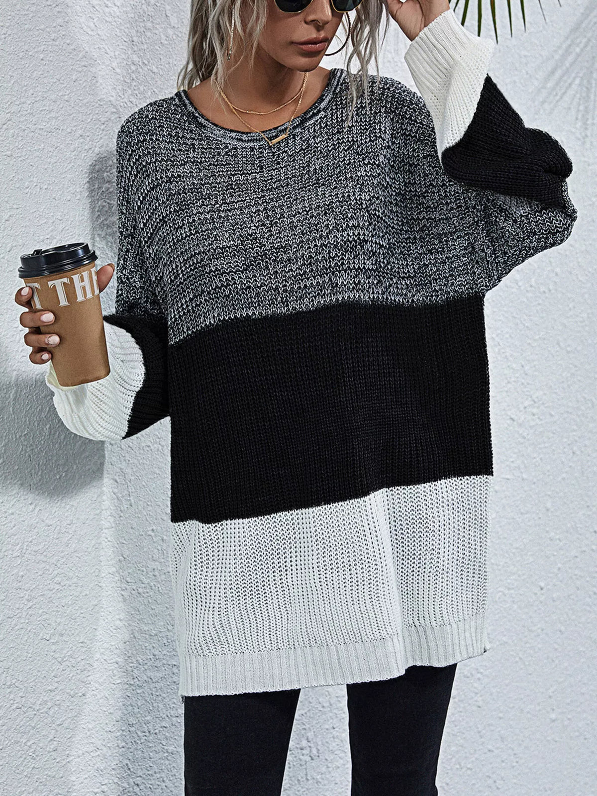 Color Block Round Neck Oversized Sweater