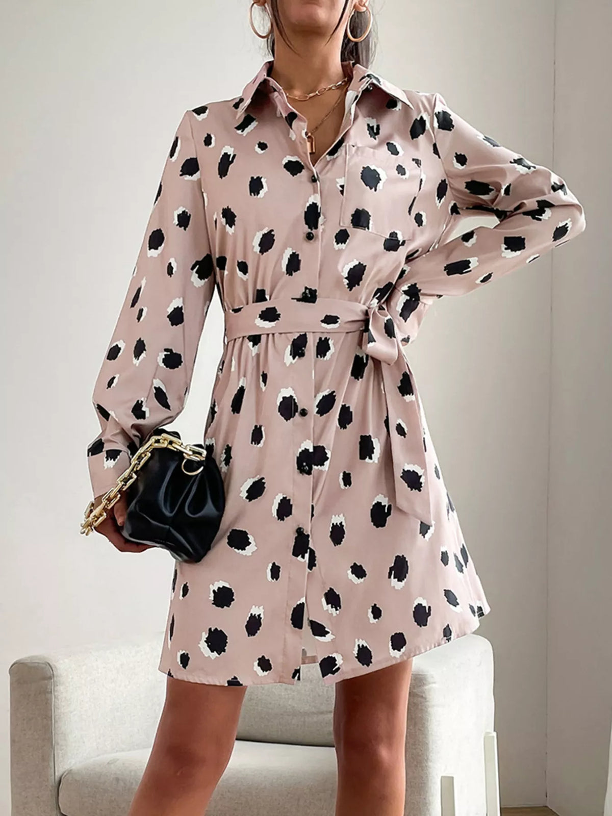 Printed Long Sleeve Mini Shirt Dress