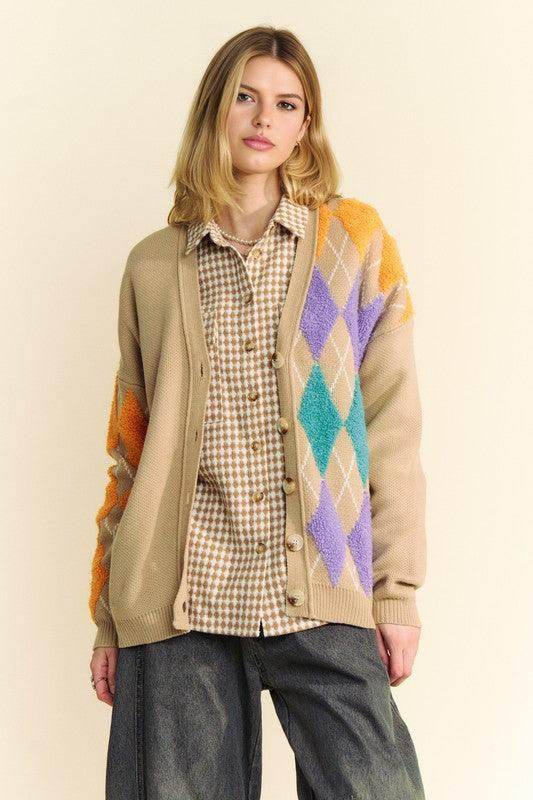 Davi &amp; Dani Argyle V-Neck Dropped Shoulder Cardigan Style