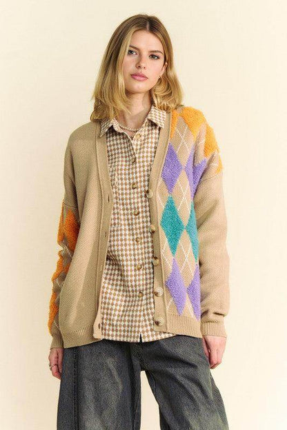 Davi &amp; Dani Argyle V-Neck Dropped Shoulder Cardigan Style