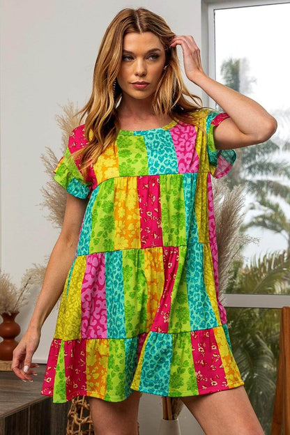 BiBi Leopard Short Sleeve Tiered Dress for Trendy Style