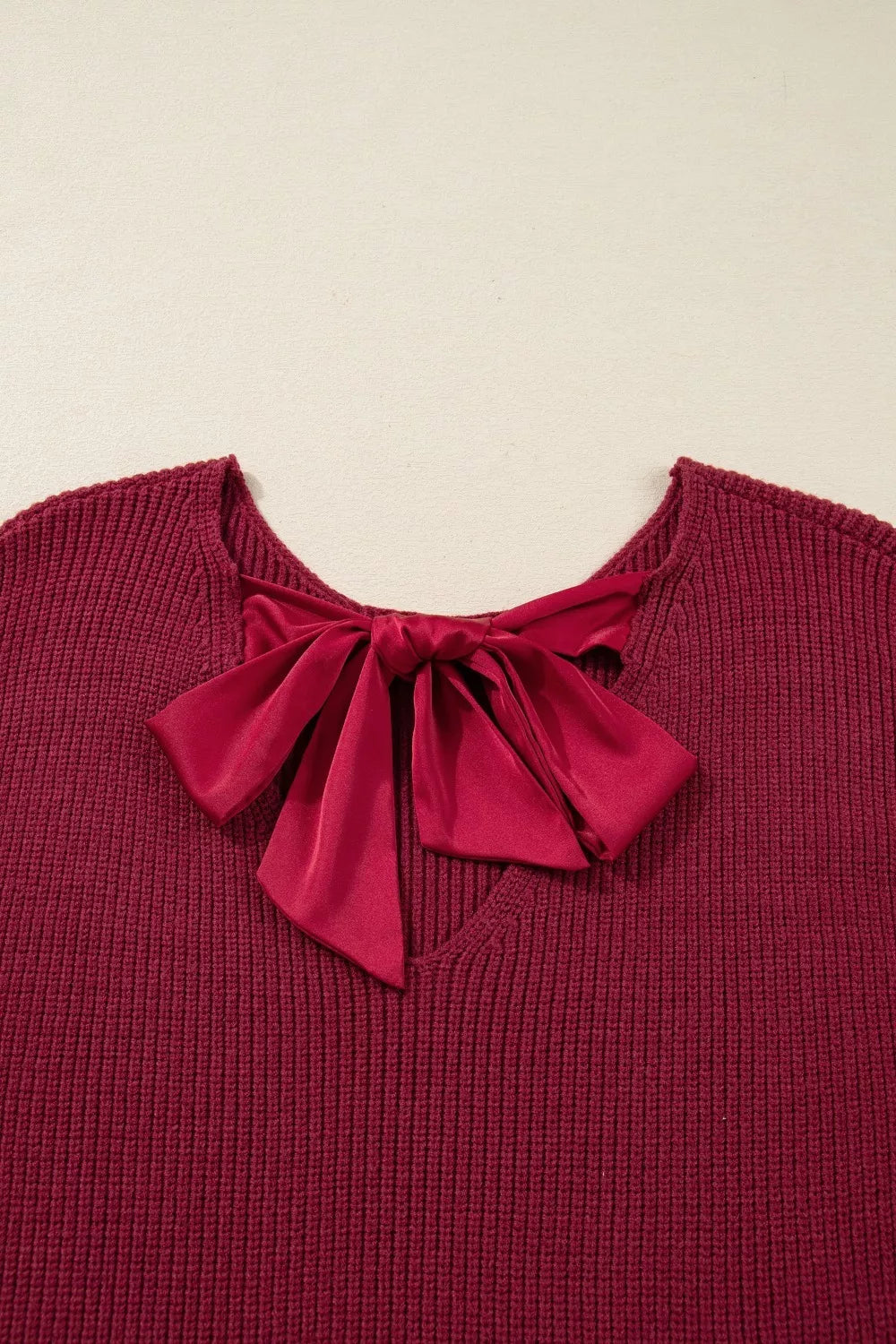 Ribbed Knit Ribbon Knot Backless Drop Shoulder Sweater