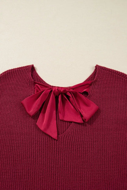 Ribbed Knit Ribbon Knot Backless Drop Shoulder Sweater