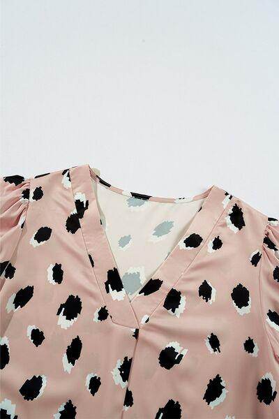 Contrast Animal Print V-Neck Long Sleeve Blouse for Women
