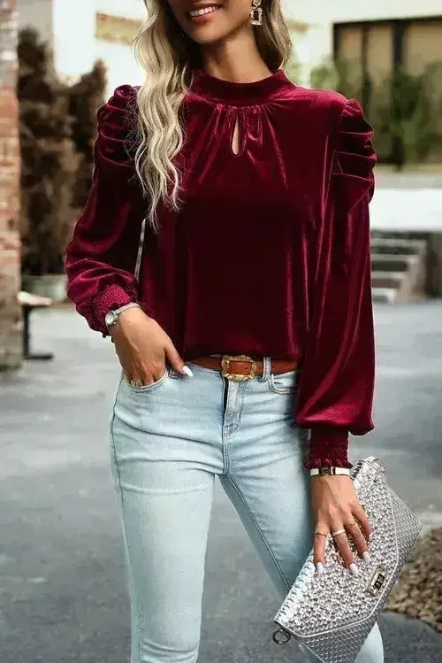 Fiery Red Velvet Blouse - Mock Neck &amp; Puff Sleeves | Femstylo