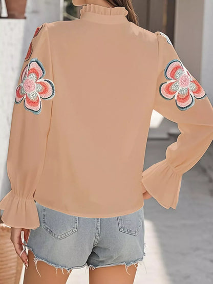 Floral Embroidered Notched Long Sleeve Blouse