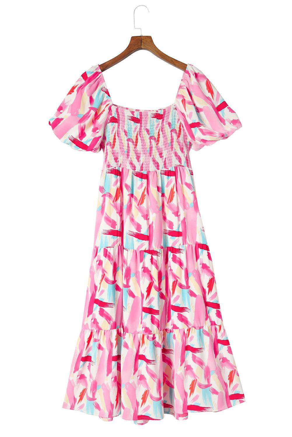 Chic Printed Square Neck Tied Smocked Dress for Women