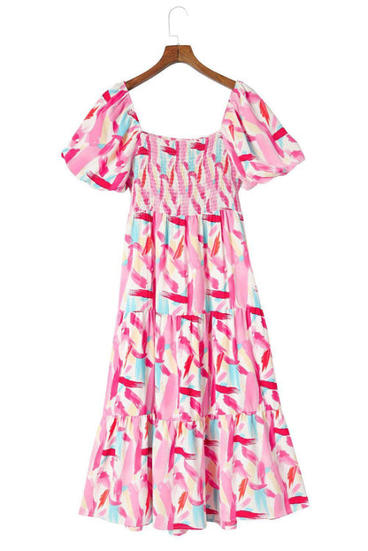 Chic Printed Square Neck Tied Smocked Dress for Women