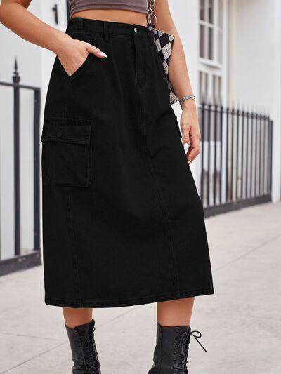 Slit Buttoned Denim Skirt with Pockets for Women