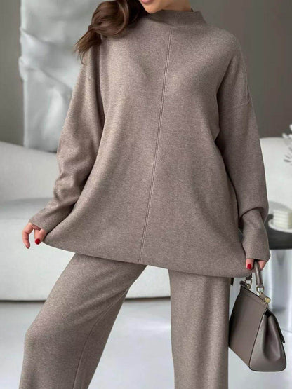 Slit Mock Neck Top and Pants Sweater Set for Women
