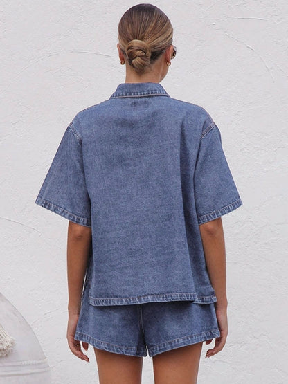 Collared Neck Button Up Top and Shorts Denim Set