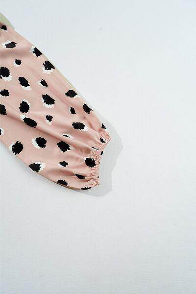 Contrast Animal Print V-Neck Long Sleeve Blouse for Women