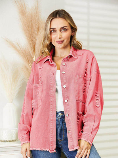 Distressed Raw Hem Denim Jacket for Relaxed Fit Style