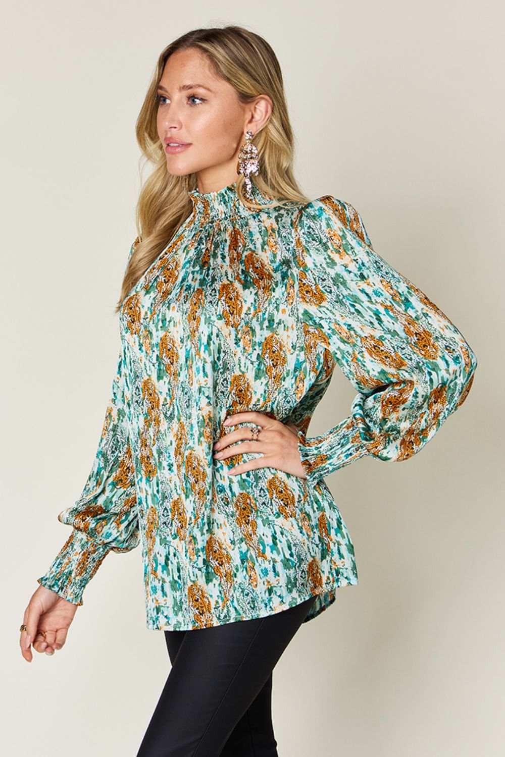 Semi-Sheer Smocked Top with Long Sleeves &amp; Frills