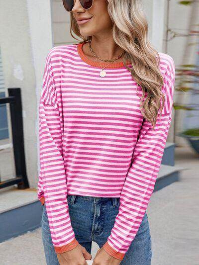 Striped Contrast Round Neck Long Sleeve Sweater for Women