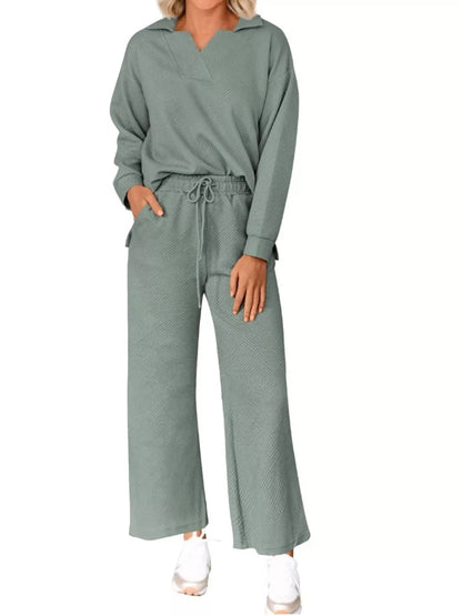 Side Slit Textured Top and Drawstring Pants Set