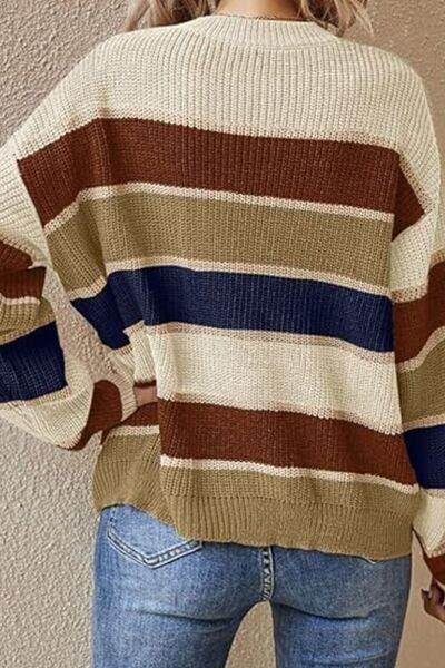 Contrast Striped Round Neck Long Sleeve Sweater for Women
