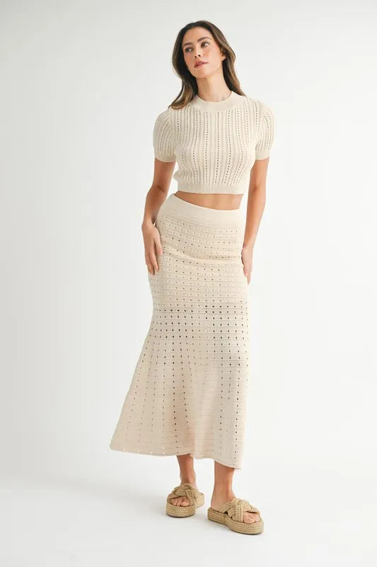 MABLE Pointelle Short Sleeve Crop Top and Slit Skirt Sweater Set