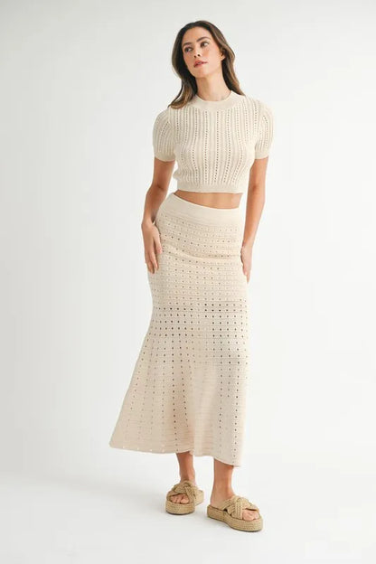 MABLE Pointelle Short Sleeve Crop Top and Slit Skirt Sweater Set