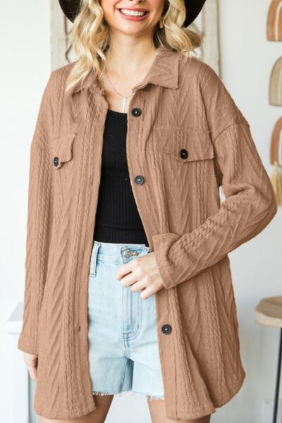 Retro Camel Full Size Drop Shoulder Jacket With Button-Up Design Women Jacket
