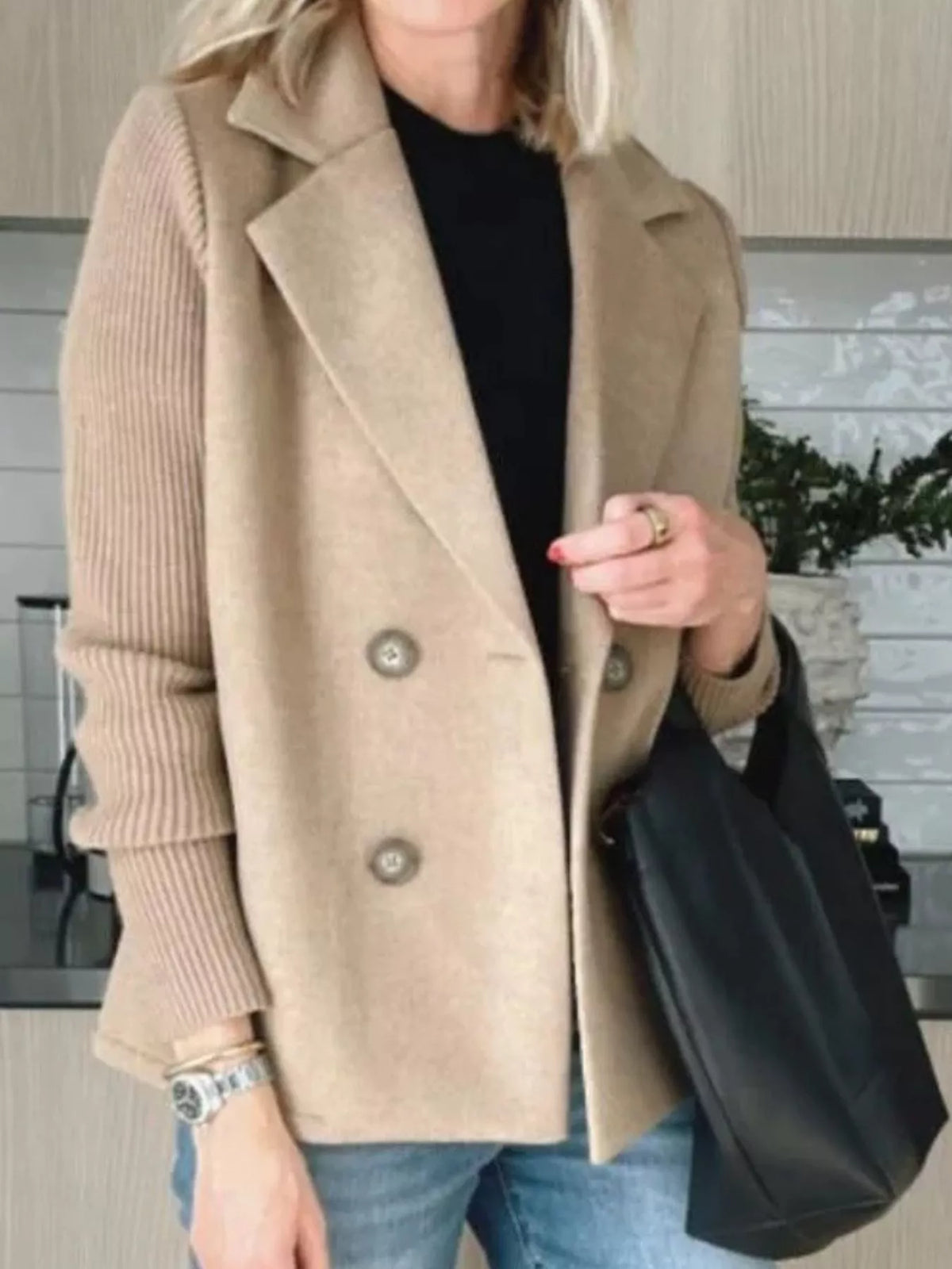 Full Size Knit Sleeve Double-Breasted Outerwear Plus Size