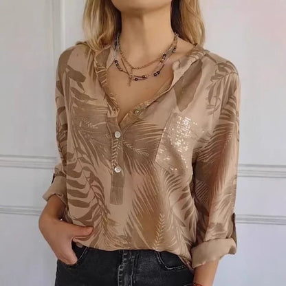 Relaxed-fit Casual Long-sleeve Printed Sequin-pocket Blouse