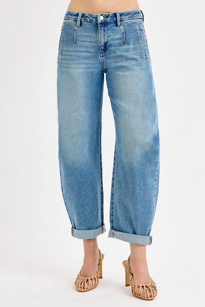 RISEN Full Size Mid Rise Fit Barrel Roll Up Jeans Plus Size