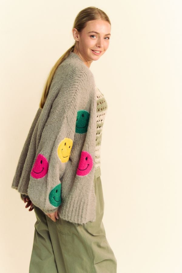 Back To School Sweater - Davi &amp; Dani Fuzzy Smile Open Front Long Sleeve Cardigan