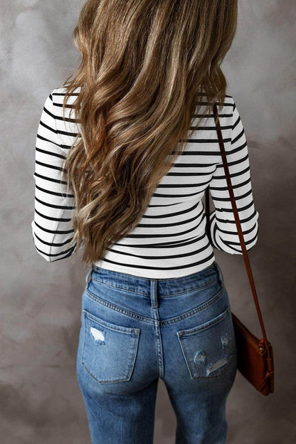 Striped V-Neck Long Sleeve Top for Women Casual Wear