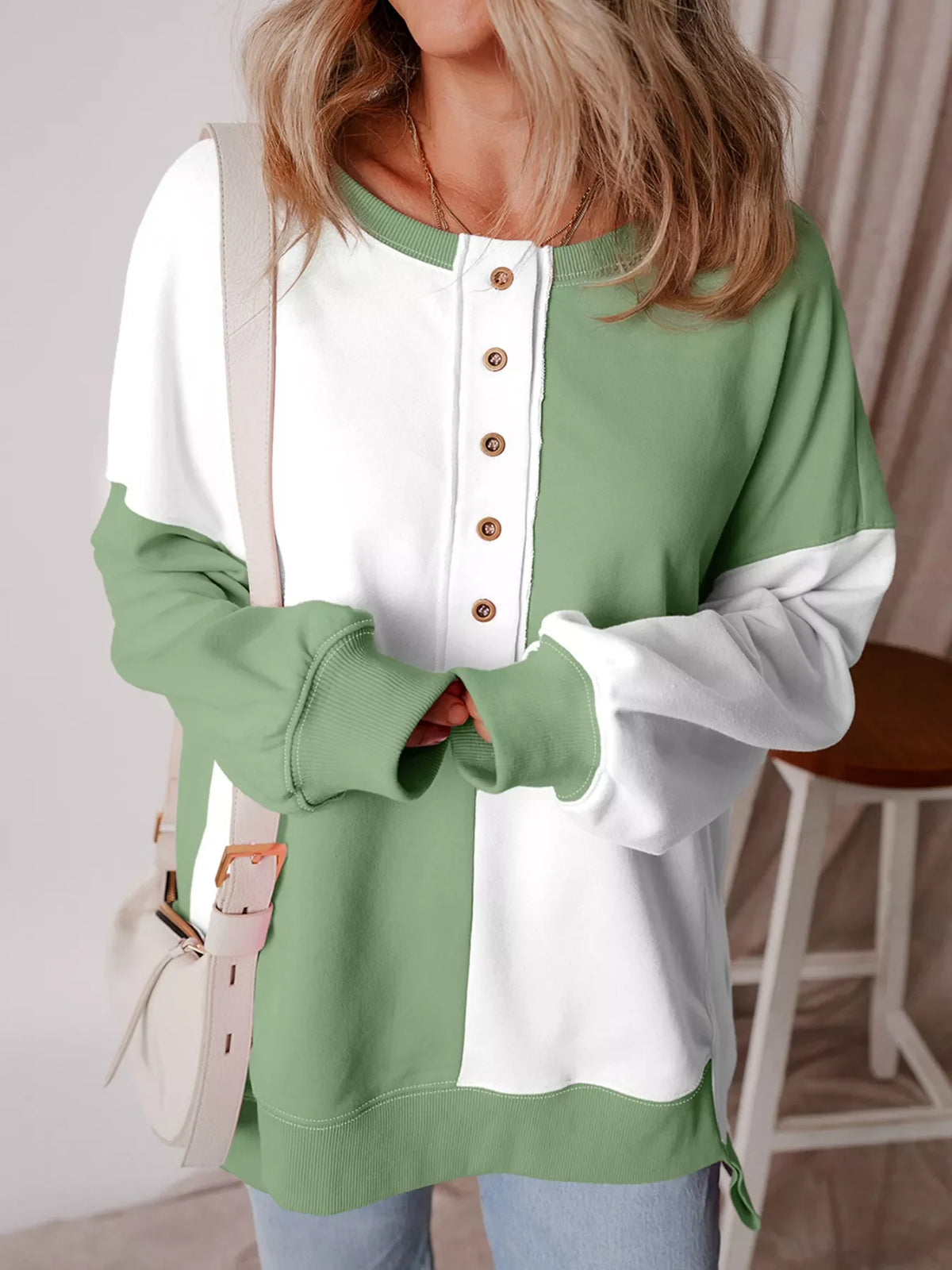 Colorblock Henley High Low Oversize Sweatshirt