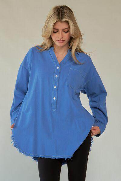 Davi &amp; Dani Letter Back Raw Hem Half Button Shirt Chic