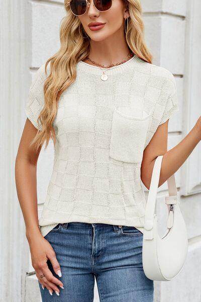 Checkered Round Neck Short Sleeve Knit Top for Women