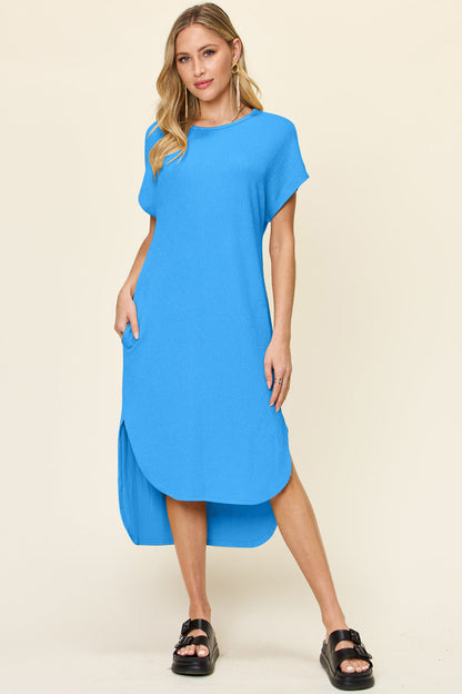 Double Take Full Size Round Neck Short Sleeve Slit Dress Stylish &amp; Comfortable Casual Dress