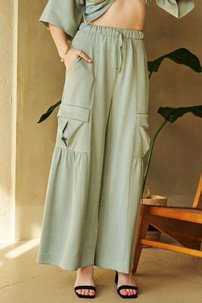 Davi &amp; Dani Drawstring Ruched Detail Wide Leg Pants