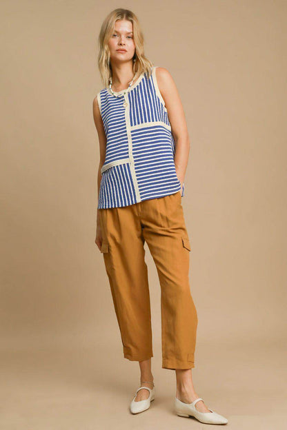 Umgee Round Neck Texture Striped Tank Top for Women
