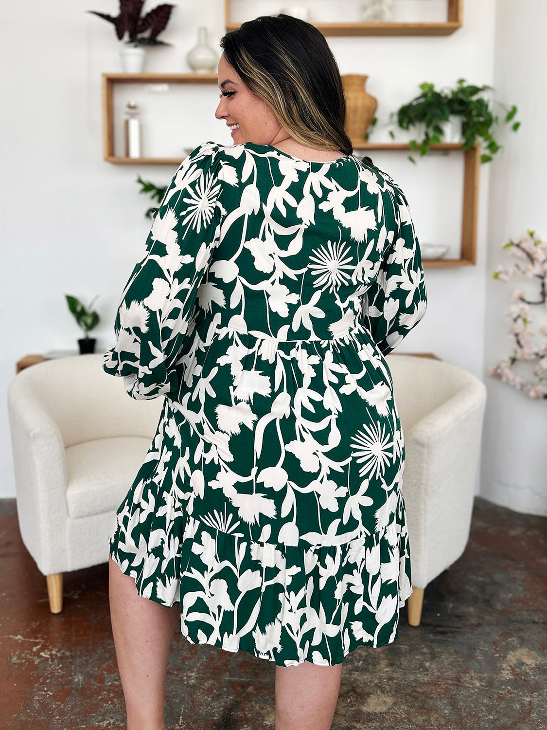 Double Take Full Size Printed Ruffle Hem Dress with Pocket Stylish &amp; Functional Women Dress