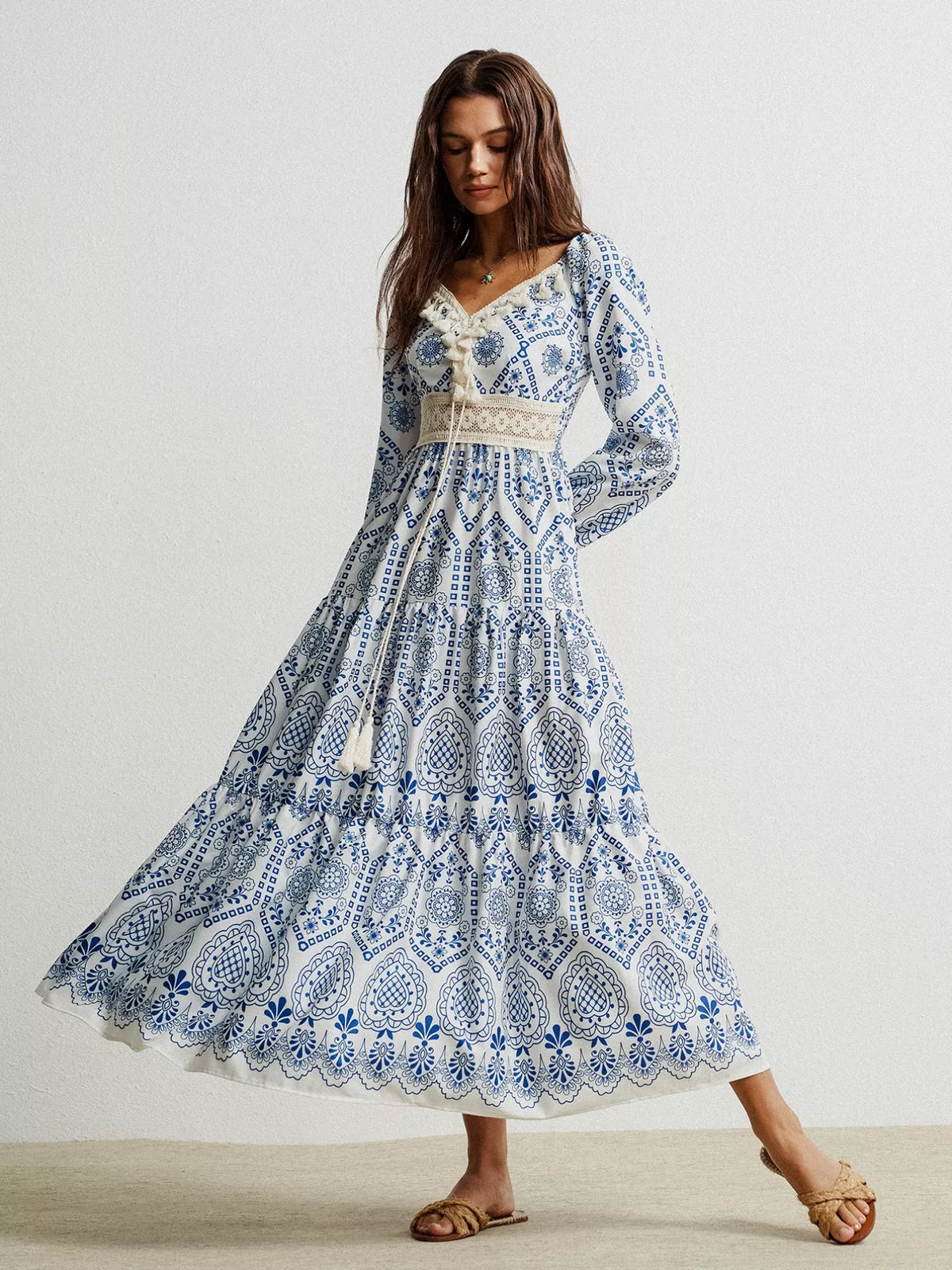Bohemian Print Midi Dress with Tassel Detail