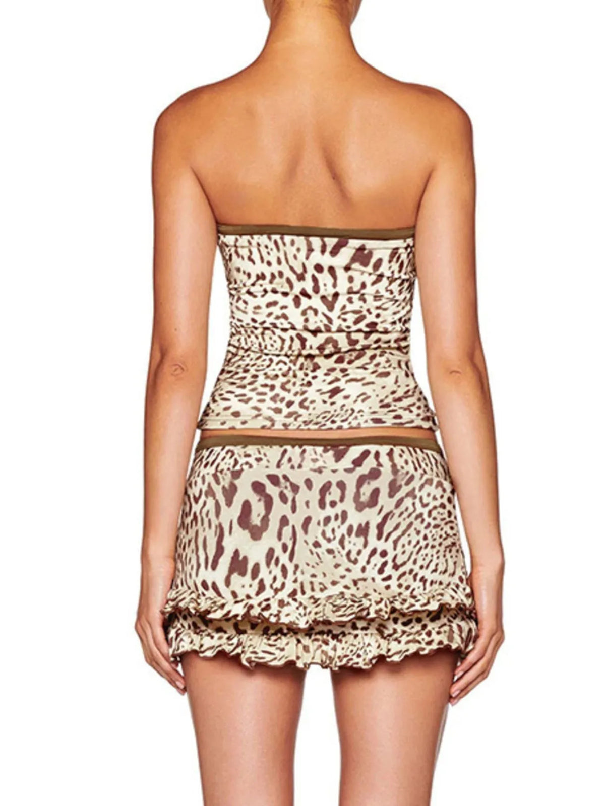Leopard Print Strapless Top and Skirt Two-Piece Set